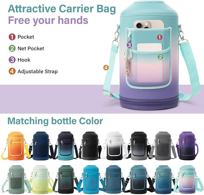 1 Gallon Water Bottle Insulated | Thickened Stainless Steel Vacuum Metal Water Jug | Portable Sports Large for Gym and Hiking with Straw, Carrier Bag, Handle Strap | BPA-Free 128 oz-GravixFit