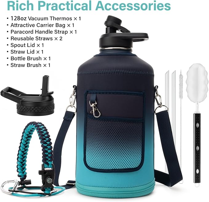 1 Gallon Water Bottle Insulated | Thickened Stainless Steel Vacuum Metal Water Jug | Portable Sports Large for Gym and Hiking with Straw, Carrier Bag, Handle Strap | BPA-Free 128 oz-GravixFit