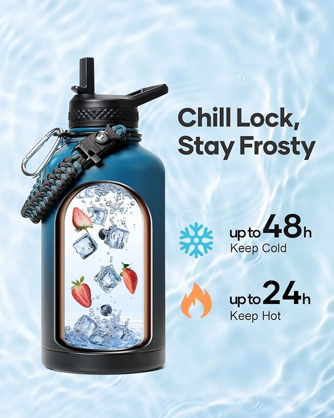 64 oz Insulated Water Bottle,Half Gallon Water Flask Stainless Steel Vacuum, Cold for 48 Hrs,BPA-Free & Leakproof -with Paracord Handle, Strap,Straw Spout Lids,Large Jug for Gym,Indigo Black-GravixFit