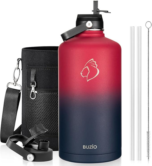 128oz Insulated Water Bottle, BUZIO Gallon Water Jug with Straw Lid and Carrying Sleeve (Cold for 48 Hrs) Stainless Steel Hydro Metal Canteen Water Flask, Ruby Red Navy-GravixFit