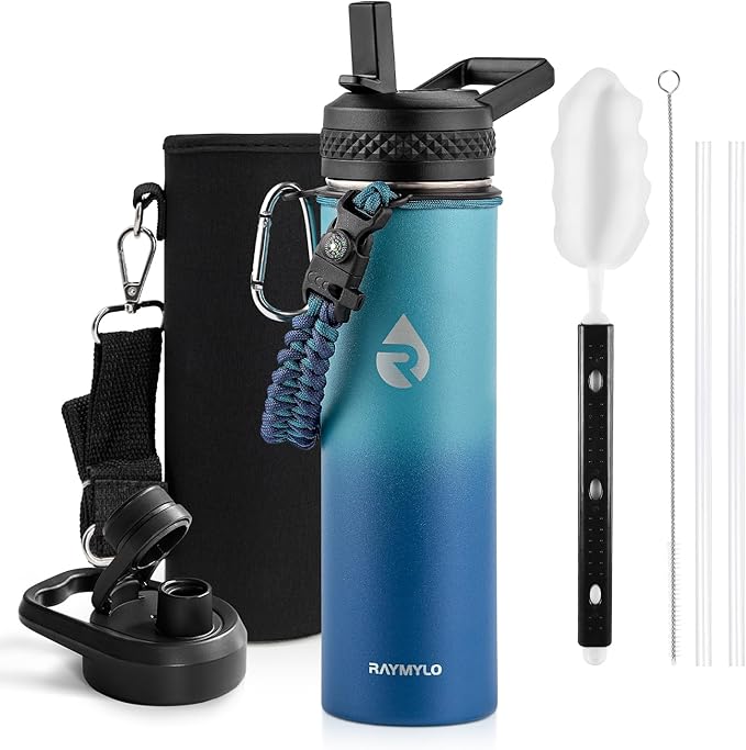 Insulated Water Bottle 20 oz, Triple Wall Vacuum Stainless Steel (Cold for 48 Hrs), Leak Proof & Non-BPA, Kids Water Bottle Jug for School with Straw Spout Lids, Cyan Blue-GravixFit