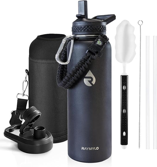 Insulated Water Bottle 40 oz, Triple Wall Vacuum Stainless Steel (Cold for 48 Hrs), Leak Proof & Non-BPA, Modern Water Flask Jug with Paracord Handle & Straw Spout Lids, Magic Black-GravixFit