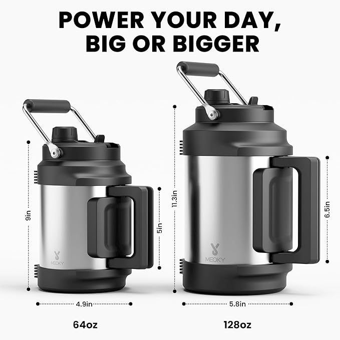 Meoky 1 Gallon Insulated Water Bottle for Travel 128 oz Triple Wall Vacuum Stainless Steel Water Jug - Top and Side Handles, Cold for 48 Hrs, 2-in-1 Straw and Spout Lid, Leak Proof for Work (Silver)-GravixFit