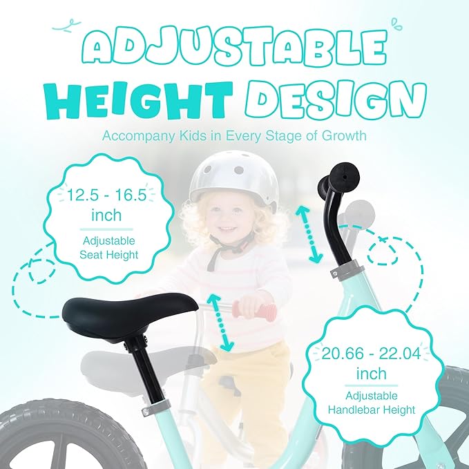 12 inch Toddler Balance Bike Adjustable Handlebar & Seat Anti-Slip Grip Suitable for 2-5 Years Old with Footrest Lightweight for Tolddlers Boys Girls Multiple Colors to Choose-GravixFit