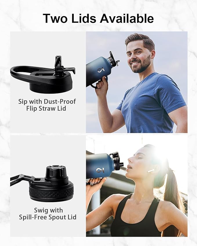 Trebo 64 oz Water Bottle Insulated with Handle, Half Gallon Stainless Steel Metal Large Jug, Travel Flask with Straw Spout Lid, Mug Tumbler Cup with Carry Pouch, Keep Cold Hot, Indigo Black-GravixFit