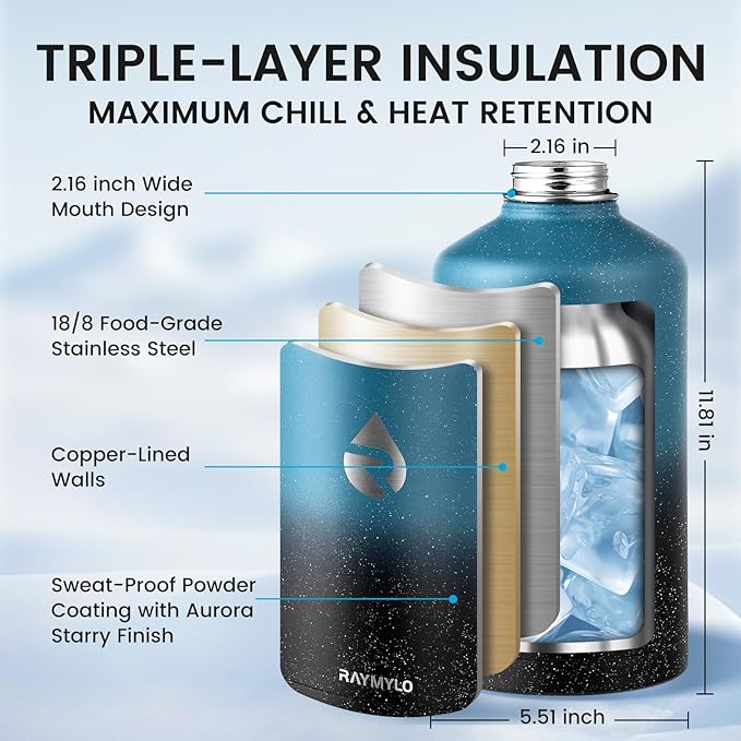 128oz Insulated Water Bottle, Triple Wall Vacuum Stainless Steel Water Bottles - Keeps Cold 48H, Reusable One Gallon Jug for Gym, Sports, Camping, Hiking,Travel, Midnight Blue Speckle-GravixFit