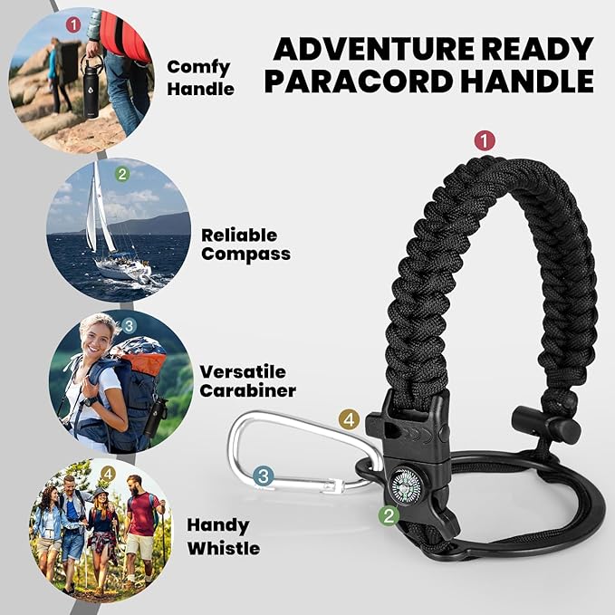 Insulated Water Bottle 40 oz, Triple Wall Vacuum Stainless Steel (Cold for 48 Hrs), Leak Proof & Non-BPA, Modern Water Flask Jug with Paracord Handle & Straw Spout Lids, Magic Black-GravixFit