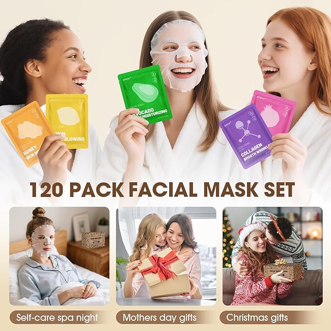 120 Pack Collagen Essence Sheet Face Masks Skincare, Moisturizing & Hydrating Face Mask for Skin Care, Bulk Face Masks for All Skin Types, Spa Party Gifts for Women (12 Types x 10 Pcs)-GravixFit