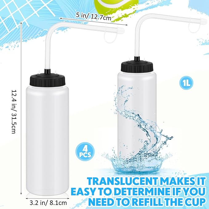 Domensi 4 Pack 1 Liter Sports Water Bottle W/long Straw Hockey Lacrosse Water Bottle with Straw Bpa Free Squeeze Plastic Use Sport Helmet in Football Baseball Gym(Translucent,Classic)-GravixFit