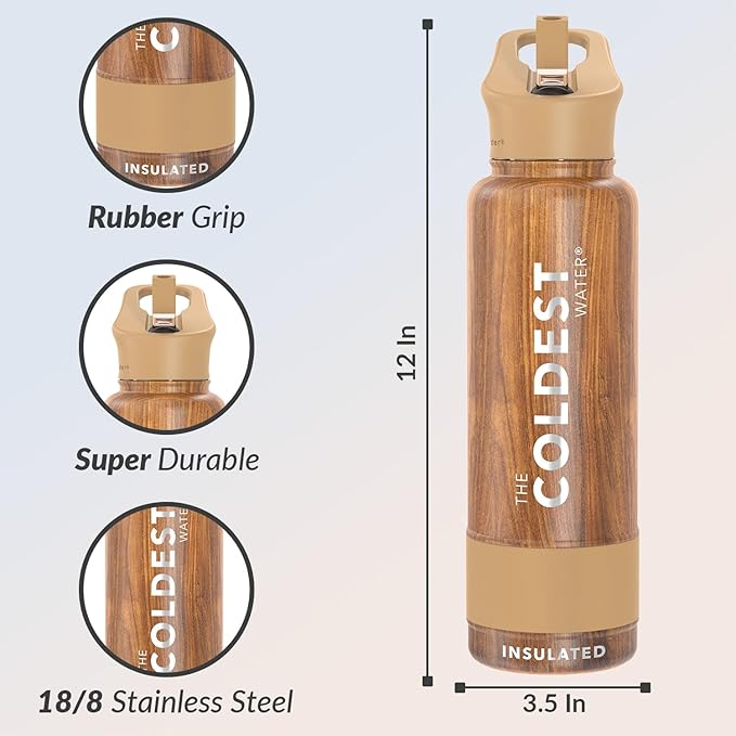 Coldest Insulated Water Bottle with Straw Lid - Stainless Steel Metal Insulated Bottle for Men & Women (Executive Wood, 40 oz)-GravixFit