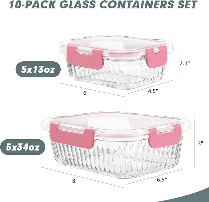 10 Packs Glass Meal Prep Containers with Lids, Glass Food Storage Containers Set, Airtight Lunch Containers, Microwave, Oven, Freezer and Dishwasher Safe, Pink-GravixFit