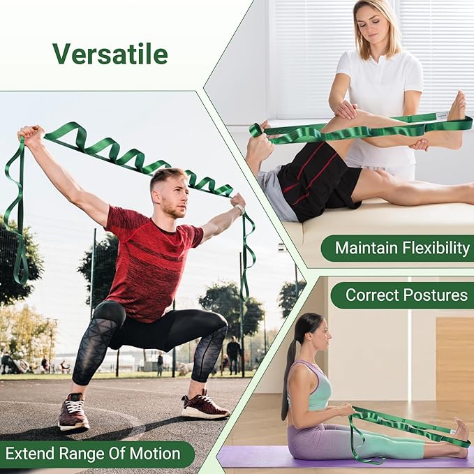 Stretch Strap With Loops For Physical Therapy, Yoga Straps For Stretching With Loops, Non-elastic Leg Straps For Knee Rehab, 8 ft Long x 1.2 inch Wide-GravixFit