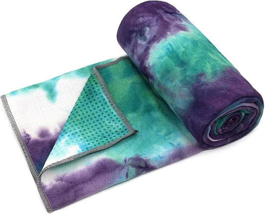 Eunzel Yoga Towel,Hot Yoga Mat Towel with Grip Dots Sweat Absorbent Non-Slip for Hot Yoga, Pilates and Workout 24" x72", Green & Purple-GravixFit