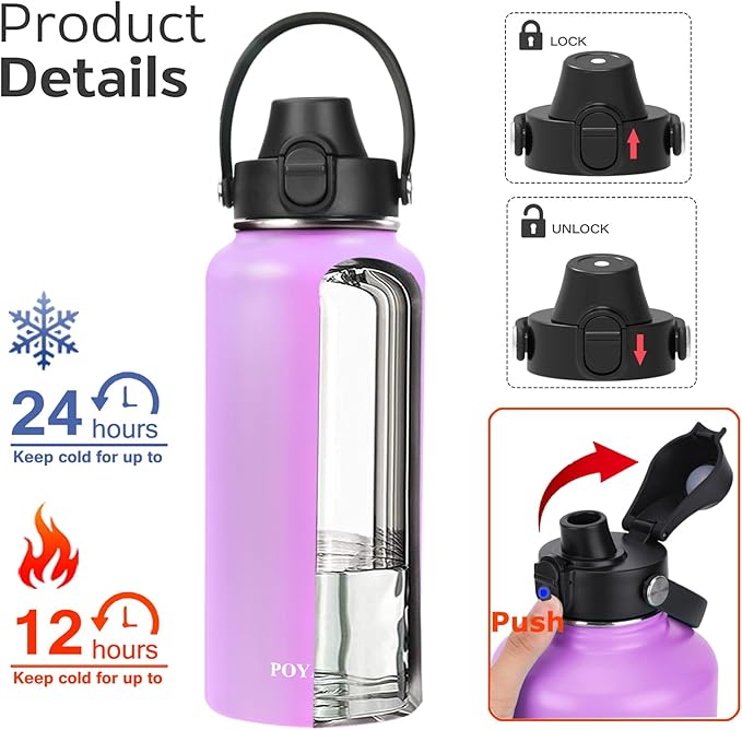 Water Bottle Insulated 32oz 40oz 64oz 128oz Straw Lid Spout Lid & 3 Lids, Leak Proof, Vacuum Insulated,Stainless Steel Water Bottle Wide Mouth for Sports, Gym or Office-GravixFit