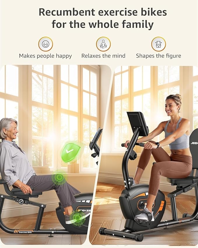 JEEKEE Recumbent Exercise Bike for Seniors,Stationary Bikes for Home, 300LB Capacity & 16 Levels Magnetic Resistance, Heart Rate Handle