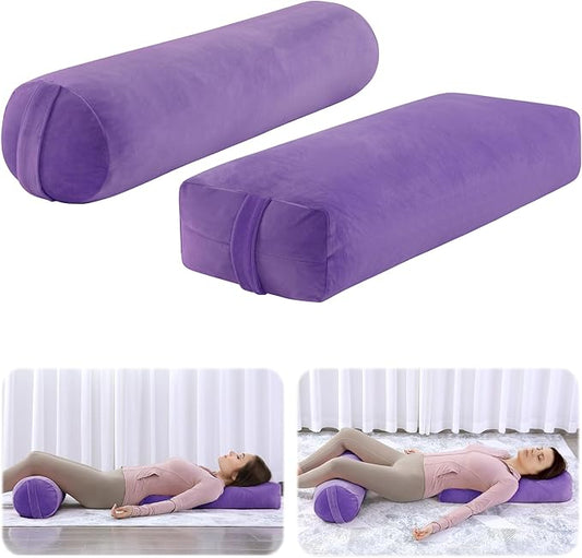 ROYALAY 2 Pcs Yoga Bolster Pillow for Restorative Yoga, Rectangular and Cylinder Meditation Pillow Set with Carrying Handles, Supportive Cushion for Exercise Workout Stretching Meditation,Purple-GravixFit