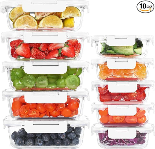 10 Pack Glass Food Storage Containers, Meal Prep Containers with Lids, Airtight Glass Lunch Boxes, Freezer, Oven, and Microwave Safe, White-GravixFit