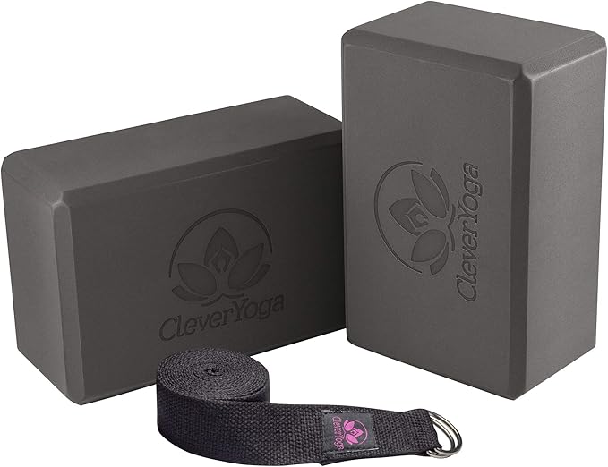 Clever Yoga Blocks & Strap - Lighweight Foam Yoga Blocks 2 Pack with 8ft Cotton Yoga Strap Set Kit for Beginners & Pros, Accessories & Equipment for Women & Men - Gray-GravixFit