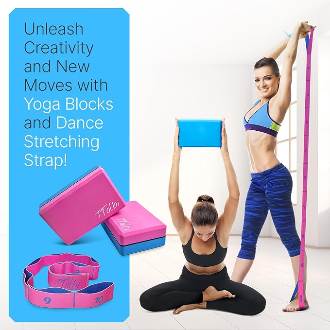 Yoga Blocks 2 Pack Set with Dance Stretch Band & Guide: Non-Slip EVA Foam Block - Ideal Stretching Equipment for Home Workouts, Pilates, Dance, Ballet, Gymnastics, Exercise - Stretch Strap Stuff Props-GravixFit
