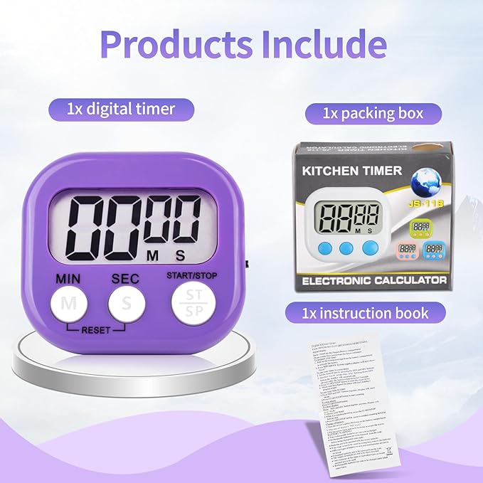 12 Pack Digital Kitchen Timer Magnetic Digital Timer with Big Display Loud Ring Cooking Timers for Kitchen Electronic Timer for Cooking, Bathing, Gym, Break Time, Classroom(12,White,Blue,Purple)-GravixFit