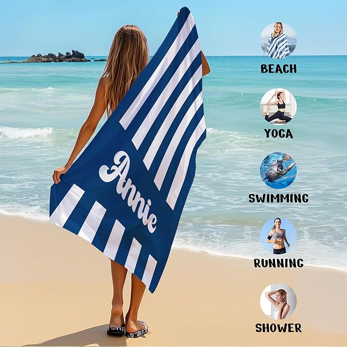 JML Personalized Beach Towel with Name, Custom Cabana Stripe Beach Towel, Customized Microfiber Pool Towel, Quick Dry & Absorbent Swim Towel for Adult,Mother's Day, Birthday, Summer Holiday,Vacation-GravixFit