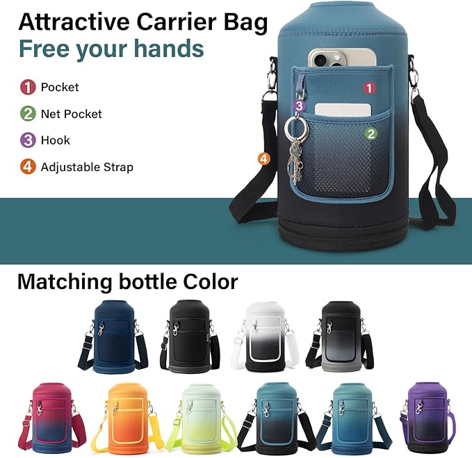 1 Gallon Water Bottle Insulated | Thickened Stainless Steel Vacuum Metal Water Jug | Portable Sports Large for Gym and Hiking with Straw, Carrier Bag, Handle Strap | BPA-Free 128 oz-GravixFit