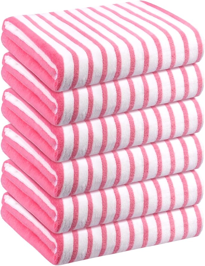 JML Microfiber Beach Towels, Quick Dry Bath Towel Set 6 Pack, 27" x 55" - Cabana Stripe -No Fading, No Linting Microfiber Towels for Hair Wrap, Pool, Bath, Sport, Yoga, Camping, Swimming, Pink-GravixFit