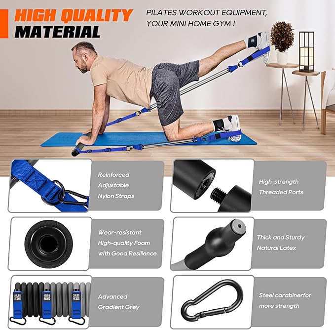 Pilates Bar Kit with Resistance Bands, Heavy Duty Pilates Equipment for Men, Strength Training Bar for Legs, Hip, Back, Arm, Abs, Chest, Shoulders, Portable Home Gym Full Body Workout Equipment-GravixFit