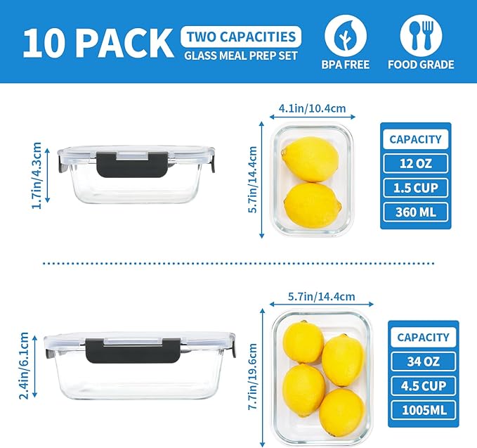 10-Pack Glass Food Storage Containers with Lids [Air-Tight,Leak-Resistant] Glass Containers for Food Storage, Meal Prep, Microwave, Freezer, Dishwasher Safe-GravixFit