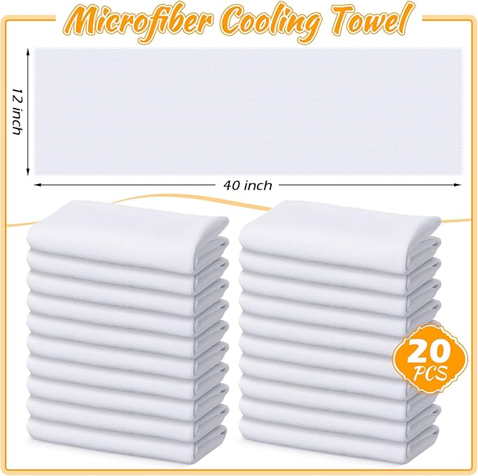 20 Pcs Cooling Towel 40" x 12" Ice Towel for Neck and Face Microfiber Chilly with Bag Breathable Yoga Gym Stay Cool Towels Sweat Rag for Workout Running Camping Pilates Beach Accessories (White)-GravixFit