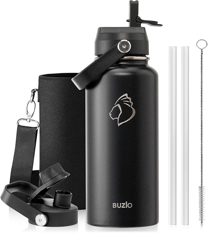 BUZIO Stainless Steel Water Bottle (Cold for 48 Hrs, Hot for 24 Hrs), 32 oz Vacuum Insulated Water Bottle with Straw Lid and Flex Cap (Double Wall, Wide Mouth, BPA Free, Leak Proof), Black-GravixFit