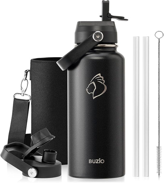 BUZIO Stainless Steel Water Bottle (Cold for 48 Hrs, Hot for 24 Hrs), 32 oz Vacuum Insulated Water Bottle with Straw Lid and Flex Cap (Double Wall, Wide Mouth, BPA Free, Leak Proof), Black-GravixFit