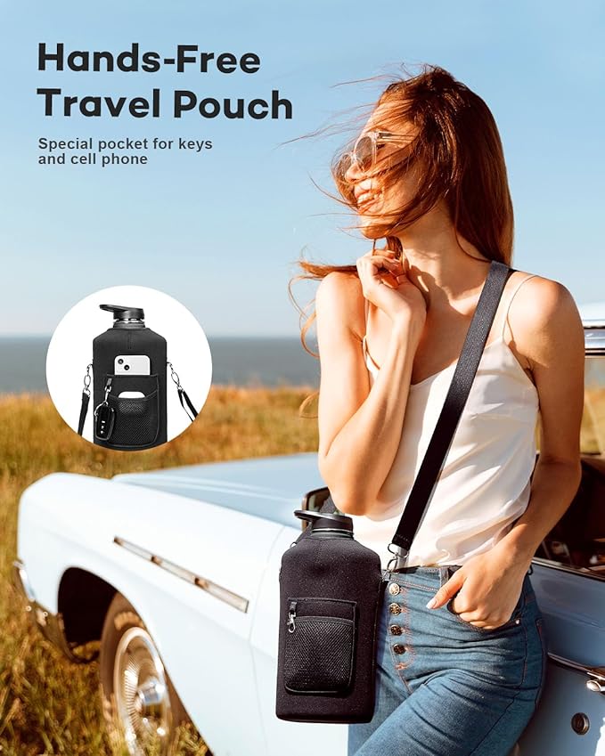 128 oz Insulated Water Bottle with Straw and Lid, One Gallon Stainless Steel Cup with Handle,Leakproof Metal Travel Jug Flask Mug Tumbler Cup With Carry Pouch and Brush,Keep Cold & Hot,Black-GravixFit