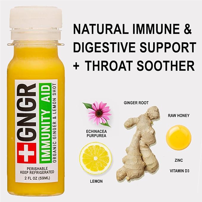 '+GNGR Immunity Aid Organic Ginger and Lemon Shot - Cold Pressed Ginger Shots with Echinacea, Lemon Juice, Honey, Zinc & Vitamin D3, Immune & Digestive Support (2 Oz, Pack of 12)-GravixFit
