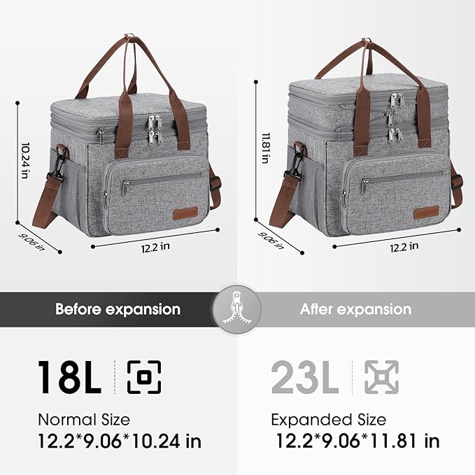 Maelstrom 23L Insulated Lunch Box For Men Women,Expandable Double Deck Lunch Cooler Bag,Lightweight Leakproof Tote Bag With Side Tissue Pocket,Gray-GravixFit