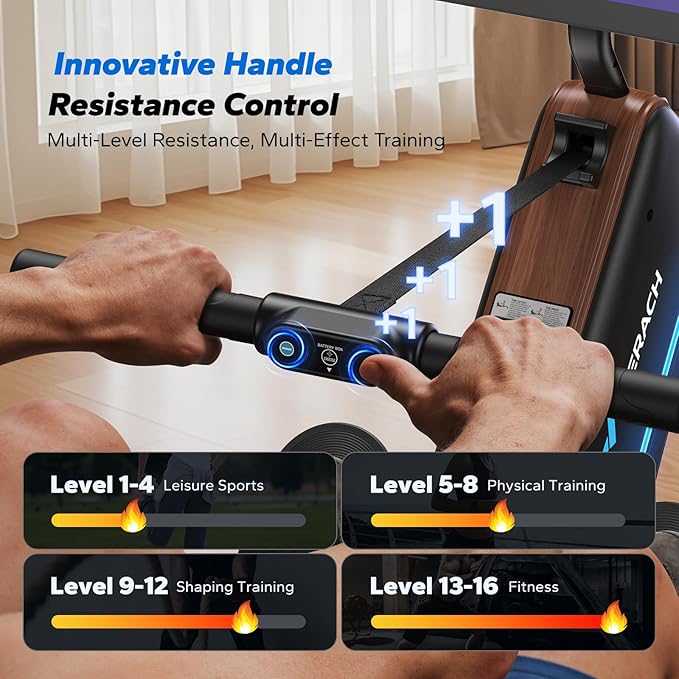 MERACH Rowing Machines for Home, Powerful Electromagnetic Row Machine with 51.2" Extended Rail, 16-Level Handle Resistance Adjustment Rower, 350 LBS Load Capacity, Ergonomic Comfort Seat, Easy Storage-GravixFit