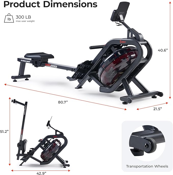 Sunny Health & Fitness Flip & Foldable Rowing Machine for Home w/Extended Slide Rail, Full-Body Workout, Low-Impact, Optional Extra Long Rail, Quiet Rail Cover, Water Motion and Free SunnyFit App-GravixFit