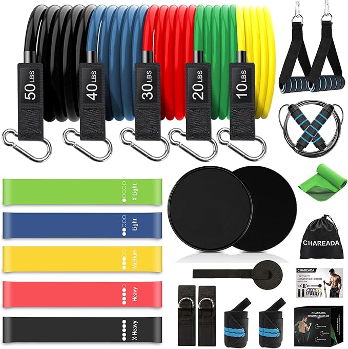 23 Pack Resistance Bands Set Workout Bands, 5 Stackable Exercise Bands 5 Loop Resistance Bands 2 Core Sliders, Door Anchor Handles Ankle Straps Carry Bag Instant Cooling Towel Wrist Wraps-GravixFit