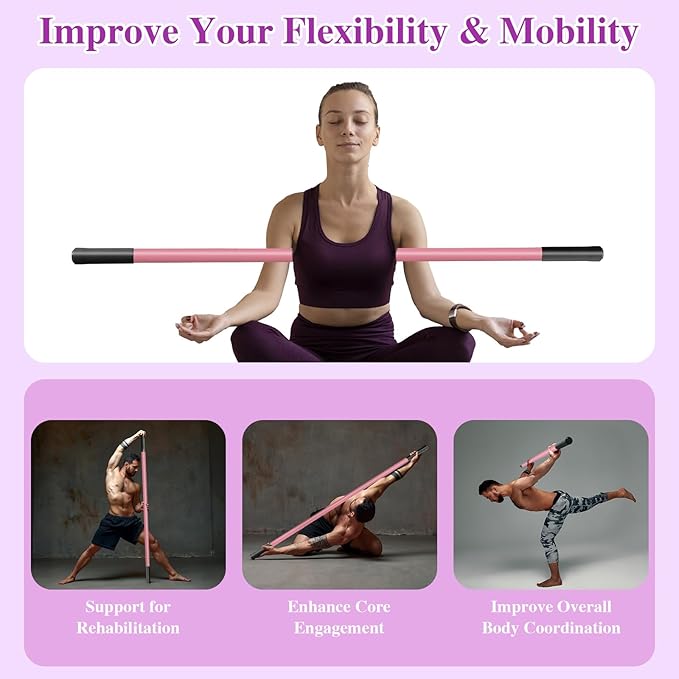 5ft Yoga Stick - Sturdy Steel Adjustable Stretching Stick for Mobility,Flexibility & Balance | Non-Slip Ends & Foam Handles | Exercise Pole for Fitness,Physical Therapy,Posture Correction-GravixFit
