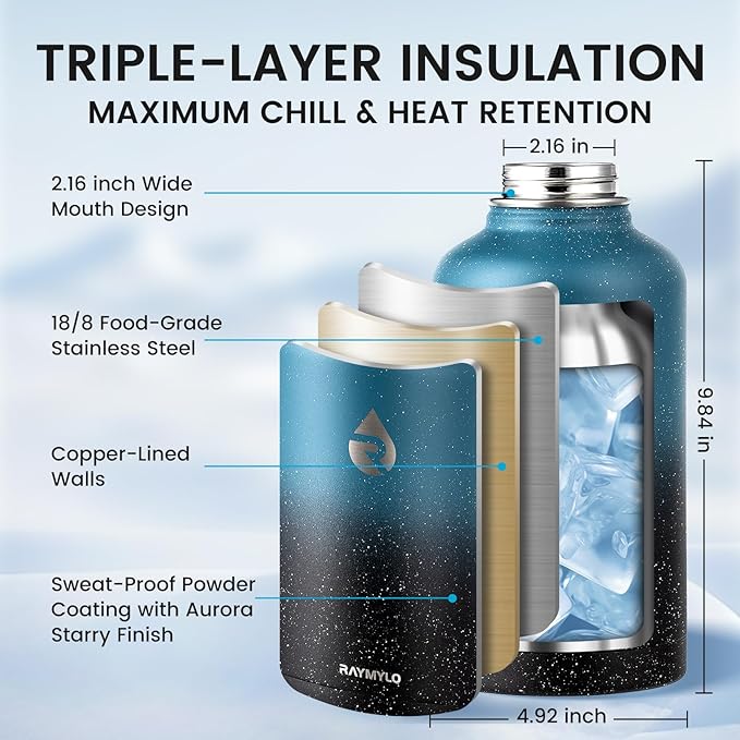64oz Insulated Water Bottle, Triple Wall Vacuum Stainless Steel Water Bottles - Keeps Cold 48H, Reusable Half Gallon Jug for Gym, Sports, Camping, Hiking,Travel, Midnight Blue Speckle-GravixFit