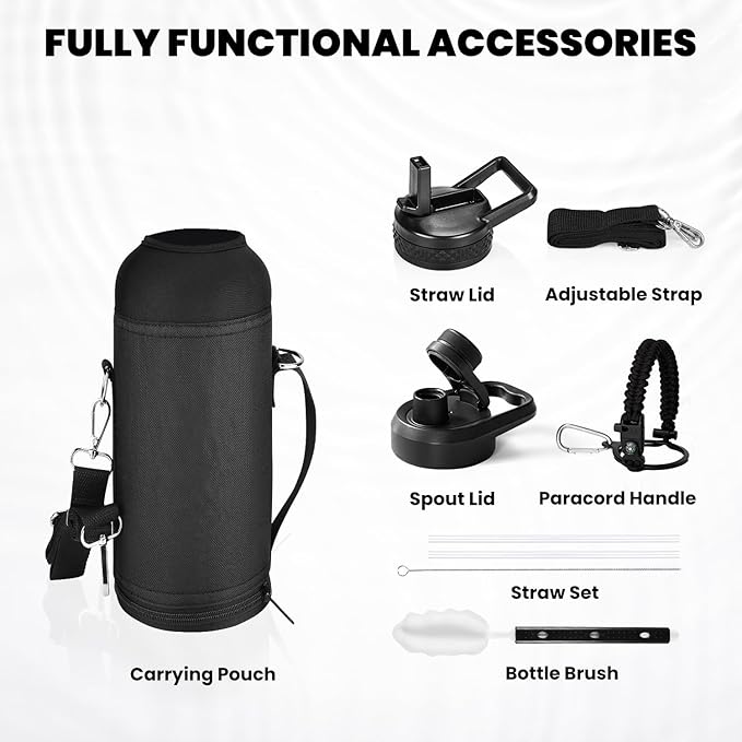 Insulated Water Bottle 40 oz, Triple Wall Vacuum Stainless Steel (Cold for 48 Hrs), Leak Proof & Non-BPA, Modern Water Flask Jug with Paracord Handle & Straw Spout Lids, Magic Black-GravixFit