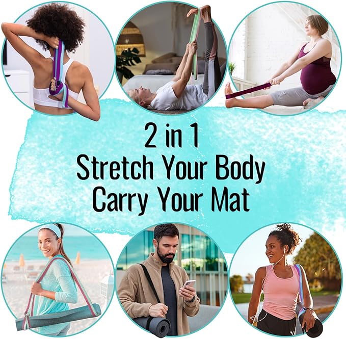 TECEUM Yoga Strap & Mat Strap – 2 IN 1 – Cotton – 6 ft 8 ft 10 ft (30+ colors) – Adjustable Non-Slip Belt for Yoga, Pilates, Stretching, Physical Therapy, Fitness & Home Workout – For Carrying Mats-GravixFit