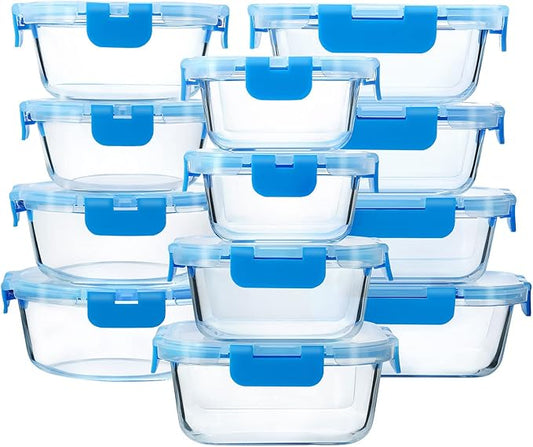M MCIRCO 24-Piece Glass Food Storage Containers with Upgraded Snap Locking Lids,Glass Meal Prep Containers Set - Airtight Lunch Containers, Microwave, Oven, Freezer and Dishwasher, Blue-GravixFit