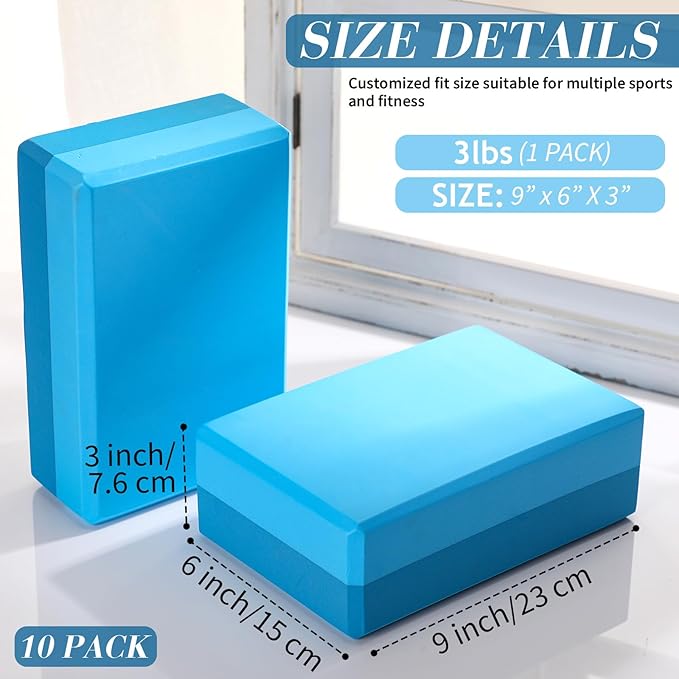 Liliful 10 Pcs Yoga Blocks Bulk Eva Foam Exercise Yoga Brick Soft Non Slip Surface Foam Blocks High Density Yoga Accessories for Workout Stability Balance Deepen Stretches Pilates 9''x6''x3''(Blue)-GravixFit