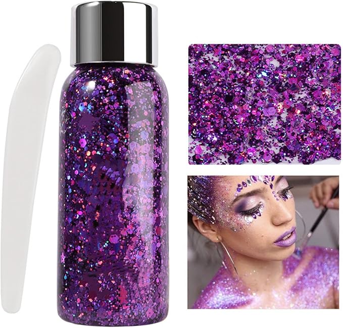 MAEPEOR Chunky Face Body Glitter Gel 19 Colors Mermaid Sequins Holographic Body Glitter Gel Long-Lasting Festival Makeup Glitter Paint for Face Body Hair Nails (30g, 06 Purple)-GravixFit