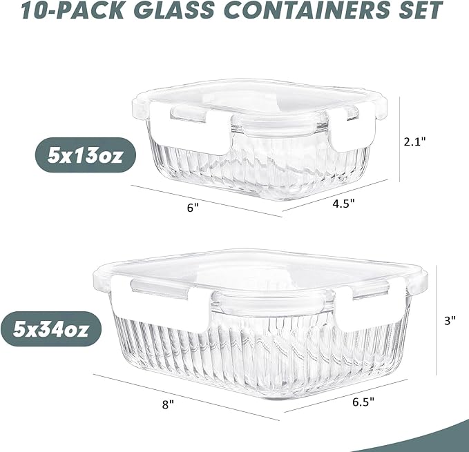 10 Packs Glass Food Storage Containers Set, Glass Meal Prep Containers with Lids, Airtight Lunch Containers, Microwave, Oven, Freezer and Dishwasher Safe, White-GravixFit