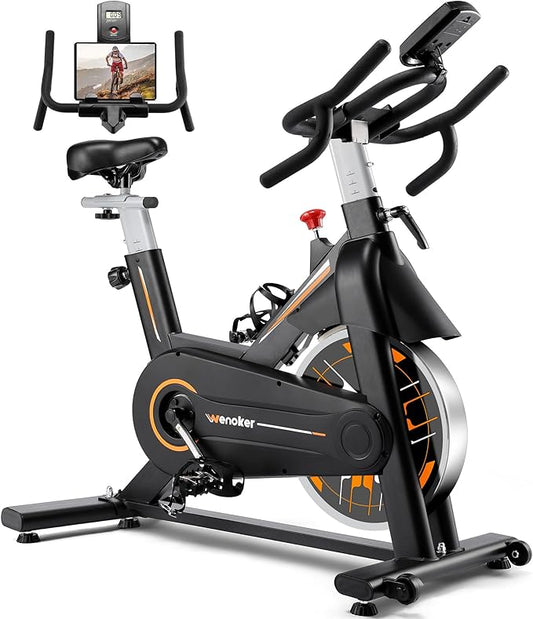 Exercise Bike, Wenoker Stationary Bike for Home, App Supported Indoor Bike with Silent Belt Drive, Heavy Flywheel, Multi-grips Handlebar and Upgraded Digital Display