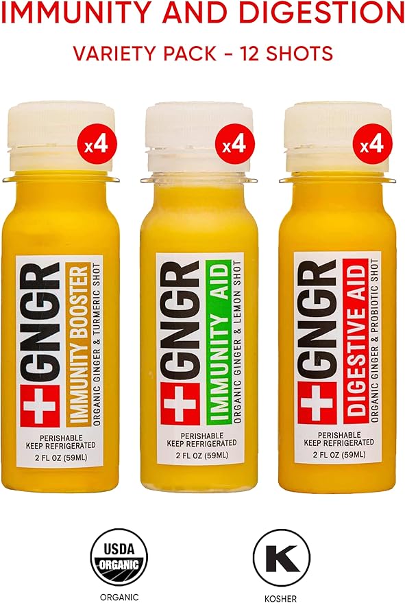 '+GNGR Immunity Sampler Organic Ginger Wellness Shots - Premium Ginger Shots for All Natural Digestive Support and Immune Support - Cold Pressed Ginger Juice - Nothing Artificial (2 Oz, Pack of 12)-GravixFit