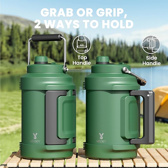 1 Gallon Insulated Water Bottle for Hiking: Meoky 128 oz Triple Wall Vacuum Stainless Steel Metal Water Jug - Top and Side Handles, Cold for 48 Hrs, 2-in-1 Straw and Spout Lid, Leakproof for Gym (Fir)-GravixFit