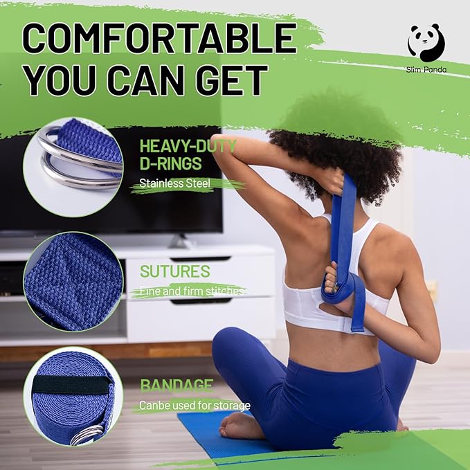 Slim Panda Yoga Strap for Stretching,Cotton Yoga Strap with Adjustable D-Ring Buckle,Non-Elastic Yoga Belt for Pilates,Gym Workouts,Physical Therapy,Improve Flexibility-GravixFit